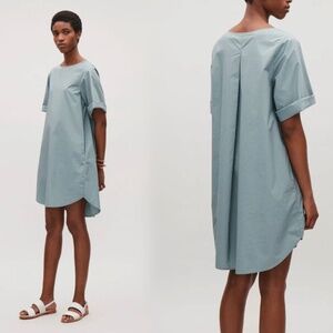 COS Light Blue Oversized Cotton Poplin Pleated Back Mini Swing Dress. SIZE 4.